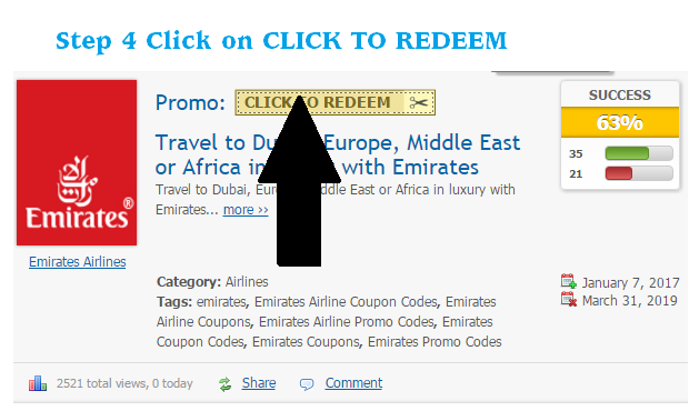 Click on Redeem button to redeem Emirates promo code