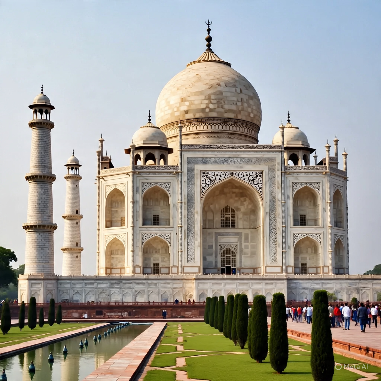 Taj Mahal at sunrise with reflection in pool