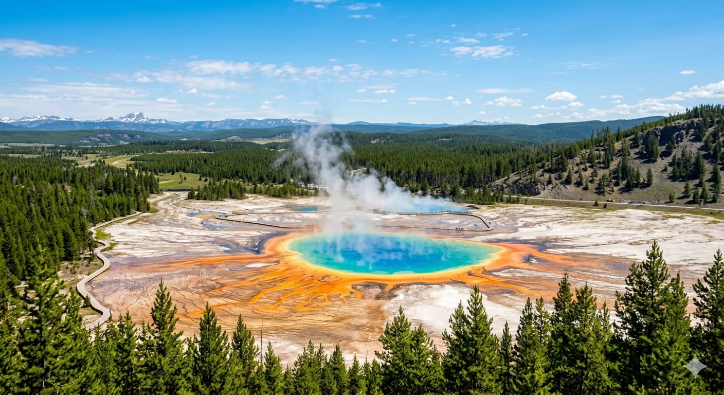 A happy family of travelers exploring Yellowstone National Park, standing at a safe distance watching bison in a grassy valley, wearing casual travel clothes, mountains and pine trees in the background, warm sunlight, candid moment, realistic photography style, vibrant colors, travel blog aesthetic, 4K resolution